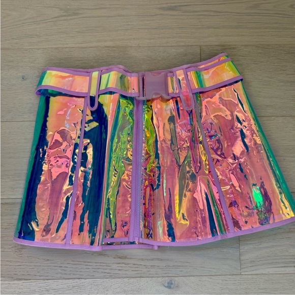 Dolls Kill Club Exx Dream Crusher Clear Holographic PVC Rainbow Skirt XXL - Picture 2 of 8